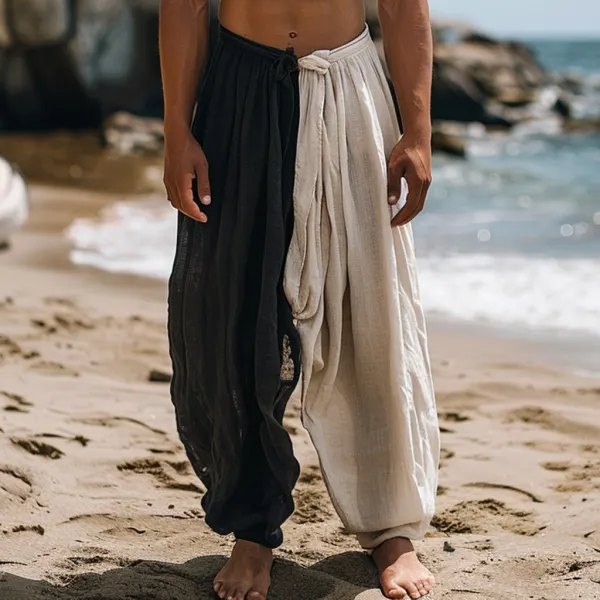 Men's Beach Vacation Black And White Contrast Casual Linen Trousers Breathable And Comfortable Linen Casual Trousers - Yiyistories.com 