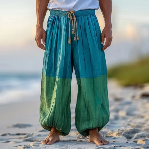 Men's Beach Vacation Contrast Color Casual Linen Trousers, Breathable And Comfortable Linen Casual Trousers - Yiyistories.com 