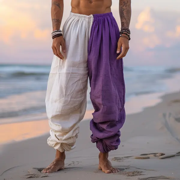 Men's Beach Vacation Purple And White Contrast Casual Linen Trousers, Breathable And Comfortable Linen Casual Trousers - Yiyistories.com 