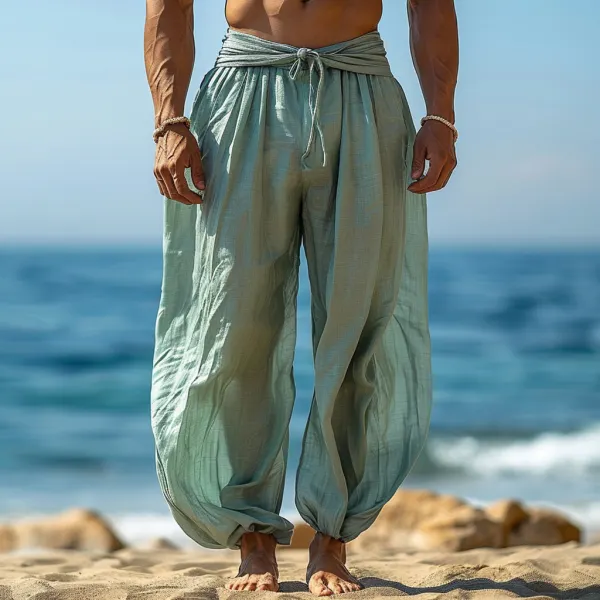 Men's Beach Vacation Casual Trousers, Breathable And Comfortable Pleated Linen Trousers - Yiyistories.com 