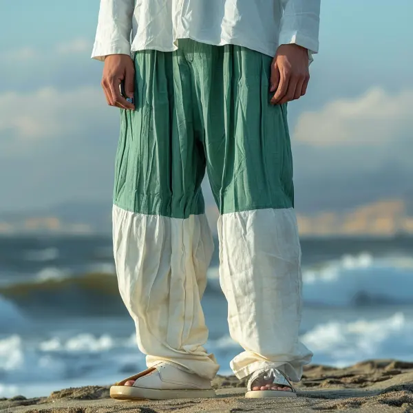 Men's Beach Vacation Green And White Contrast Casual Linen Trousers, Breathable And Comfortable Linen Casual Trousers - Yiyistories.com 