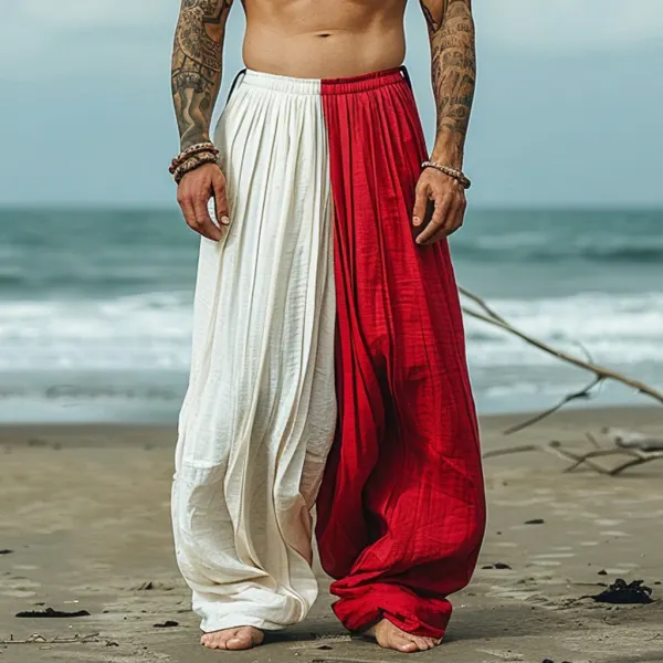 Men's Beach Vacation Red And White Contrast Casual Linen Trousers, Breathable And Comfortable Linen Casual Trousers - Yiyistories.com 