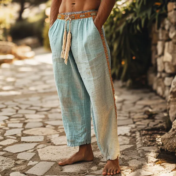 Men's Holiday Bohemian Linen Plain Casual Pants - Yiyistories.com 