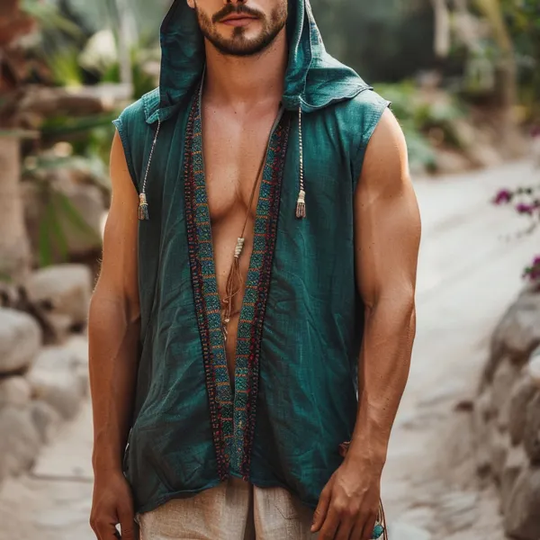 Men's Holiday Ethnic Casual Hooded Sleeveless Shirt - Albionstyle.com 