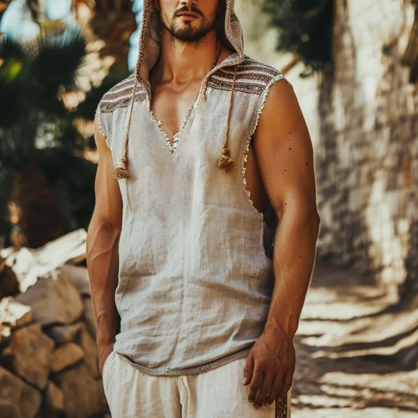 Men's Holiday Simple Ethnic Style Linen Hooded Sleeveless Shirt - Albionstyle.com 