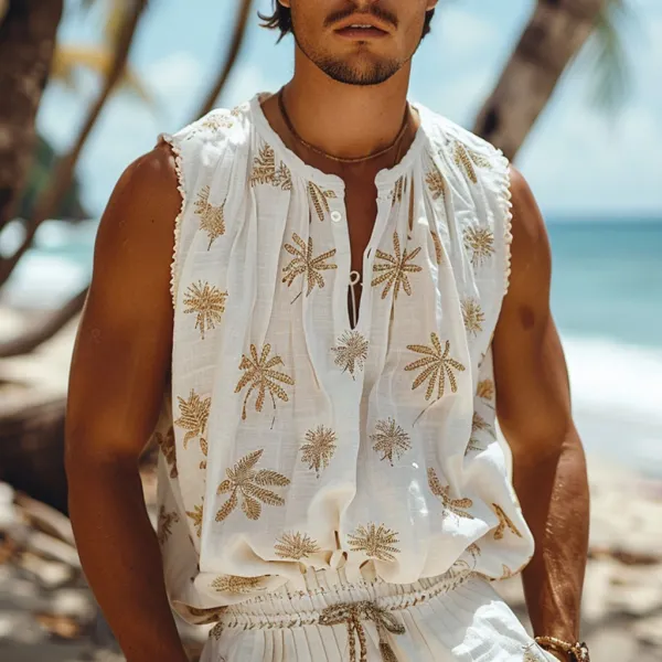 Summer Men's Tropical Pattern Print Sleeveless Shirt - Yiyistories.com 