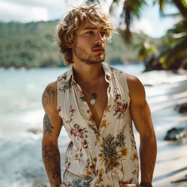 Summer Men's Tropical Pattern Print Sleeveless Shirt - Yiyistories.com 