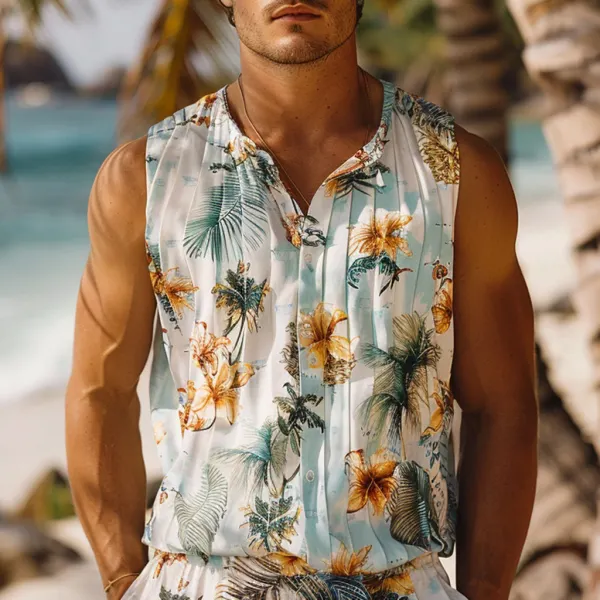 Summer Men's Tropical Pattern Print Sleeveless Shirt - Keymimi.com 