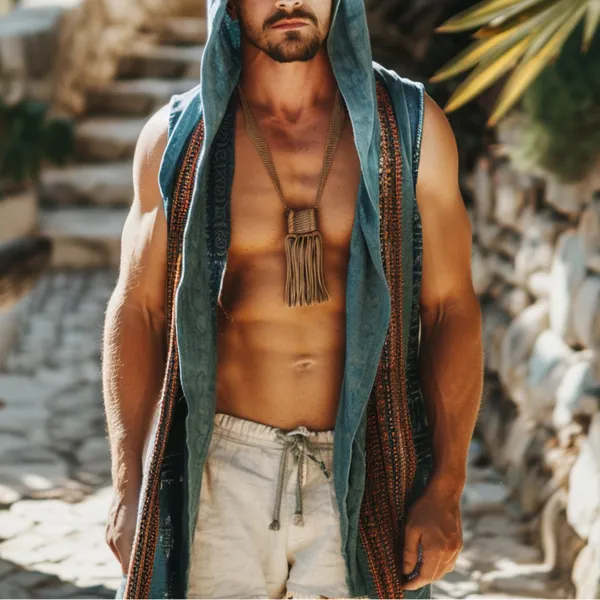 Men's Holiday Retro Ethnic Style Hooded Sleeveless Button-down Shirt - Albionstyle.com 