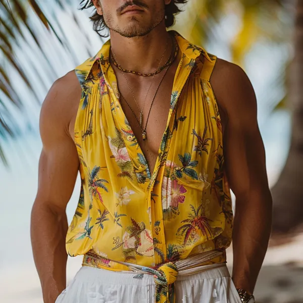 Summer Men's Tropical Pattern Print Sleeveless Shirt - Fineyoyo.com 