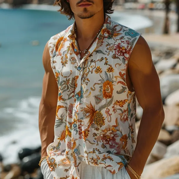 Summer Men's Tropical Pattern Print Sleeveless Shirt - Keymimi.com 