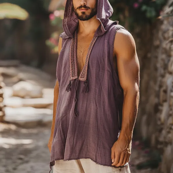 Men's Holiday Tribal Casual Linen Sleeveless Hoodie - Albionstyle.com 