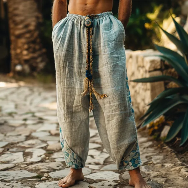 Men's Holiday Bohemian Linen Plain Trousers - Yiyistories.com 