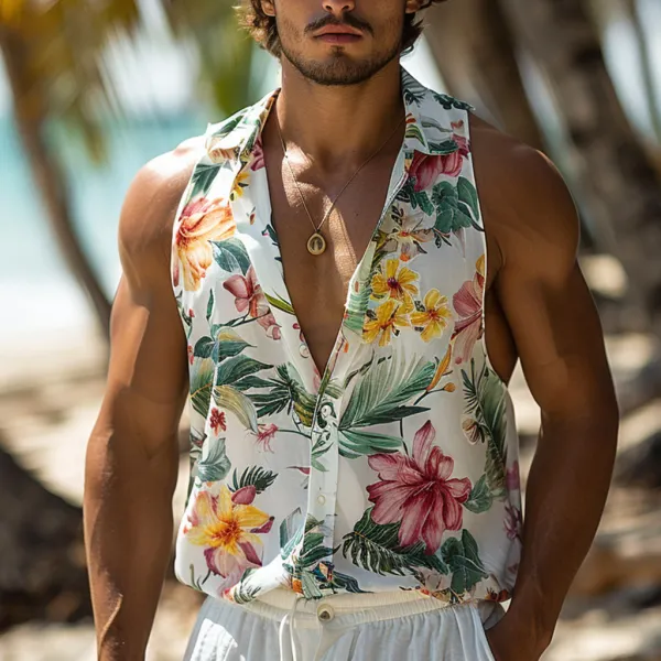 Summer Men's Tropical Pattern Print Sleeveless Shirt - Menilyshop.com 