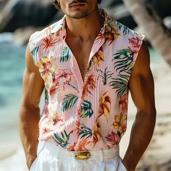 Summer Men's Tropical Pattern Print Sleeveless Shirt - Fineyoyo.com 
