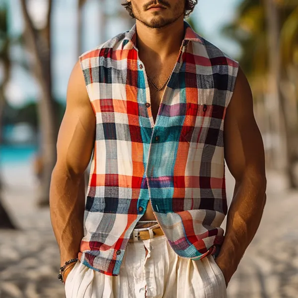Summer Men's Plaid Pattern Print Sleeveless Shirt - Yiyistories.com 