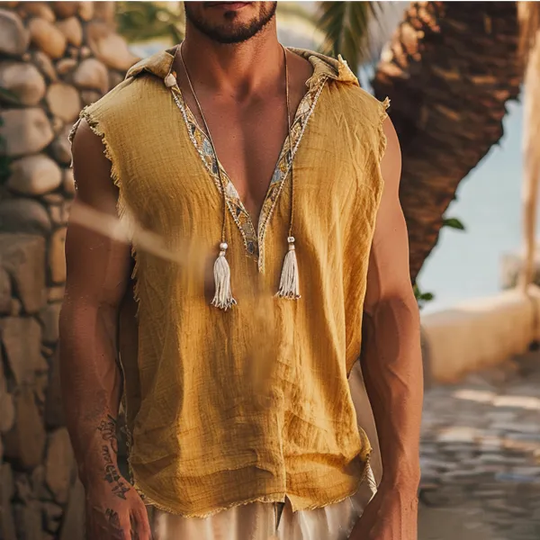 Men's Holiday Bohemian Tribal Linen Casual Hooded Sleeveless Shirt - Yiyistories.com 