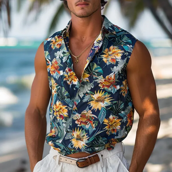 Summer Men's Tropical Pattern Print Sleeveless Shirt - Mobivivi.com 