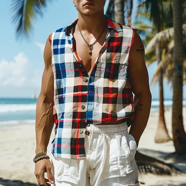 Summer Men's Plaid Pattern Print Sleeveless Shirt - Yiyistories.com 
