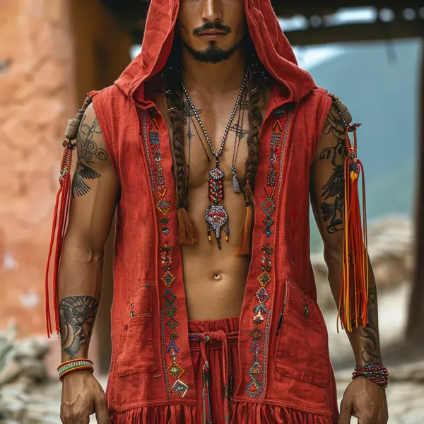 Retro Men's Ethnic Linen Hooded Cardigan Casual Retro Tribal Tops Bohemian Style Sleeveless Cardigan - Yiyistories.com 