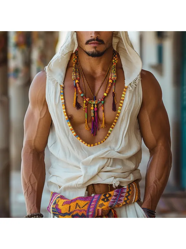 Retro Men's Ethnic V-Neck Sleeveless Linen Hoodie Casual Retro Tribal Top Bohemian Style Sleeveless Tank Top - Aptkoi.com 