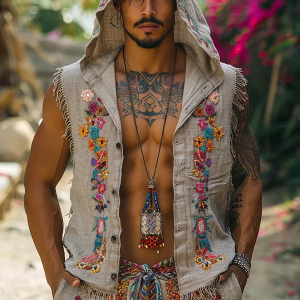 Retro Men's Ethnic Linen Hooded Cardigan Casual Retro Tribal Tops Bohemian Style Sleeveless Cardigan - Yiyistories.com 