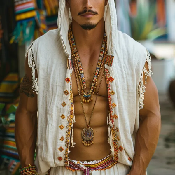 Retro Men's Ethnic Linen Hooded Cardigan Casual Retro Tribal Tops Bohemian Style Sleeveless Cardigan - Albionstyle.com 