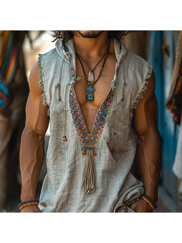 Retro Men's Ethnic V-Neck Sleeveless Linen Hoodie Casual Retro Tribal Top Bohemian Style Sleeveless Tank Top - Aptkoi.com 