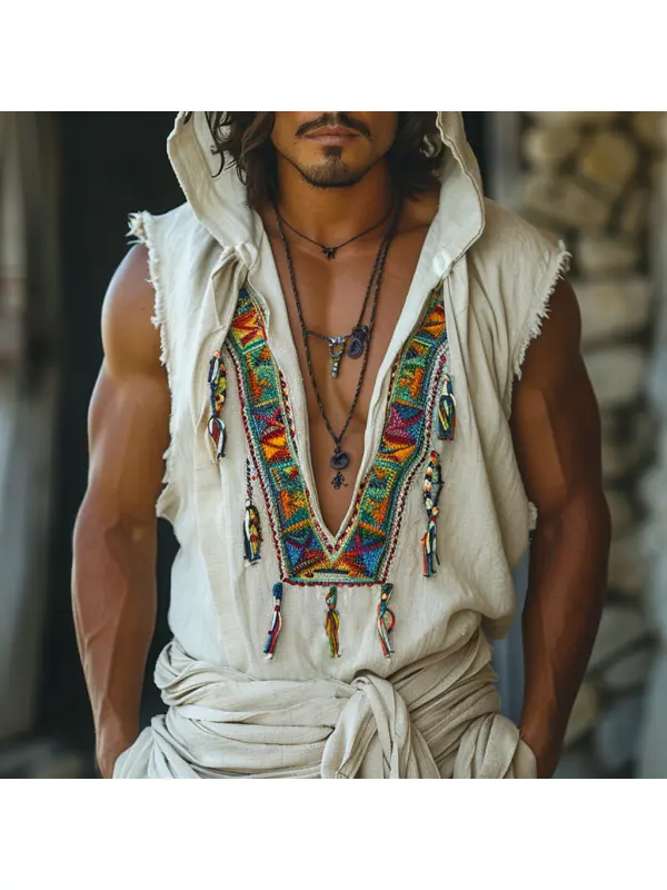 Retro Men's Ethnic V-Neck Sleeveless Linen Hoodie Casual Retro Tribal Top Bohemian Style Sleeveless Tank Top - Anrider.com 