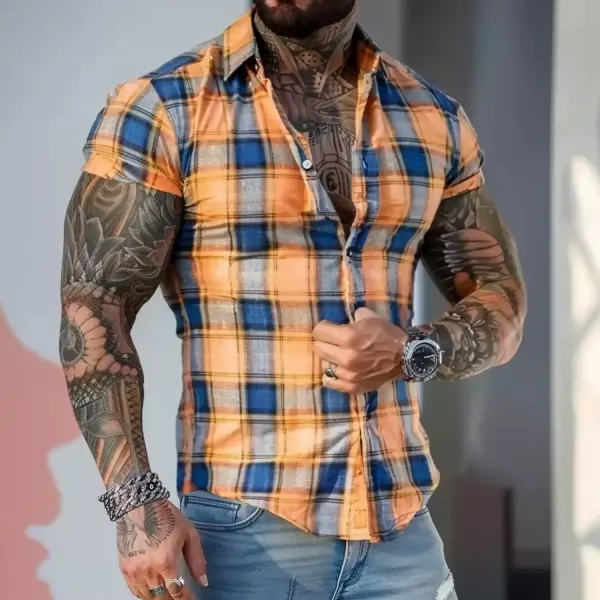 Men's Casual Plaid Tight Short Sleeve Shirt - Ootdyouth.com 