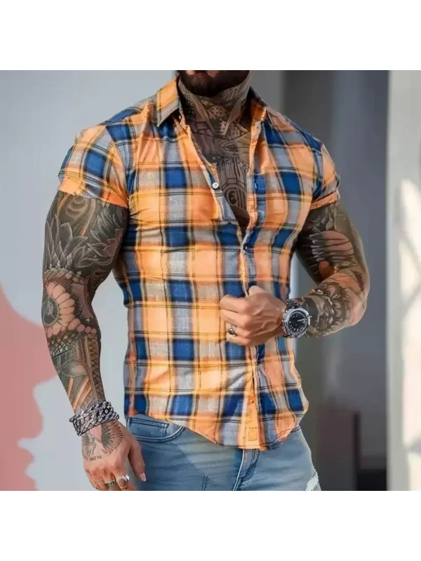 Men's Casual Plaid Tight Short Sleeve Shirt - Anrider.com 