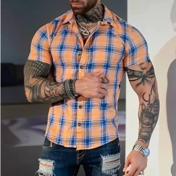 Men's Casual Plaid Short Sleeve Shirt - Yiyistories.com 