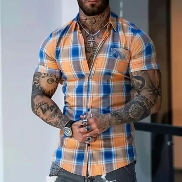 Casual Plaid Tight Short Sleeve Shirt - Trisunshine.com 