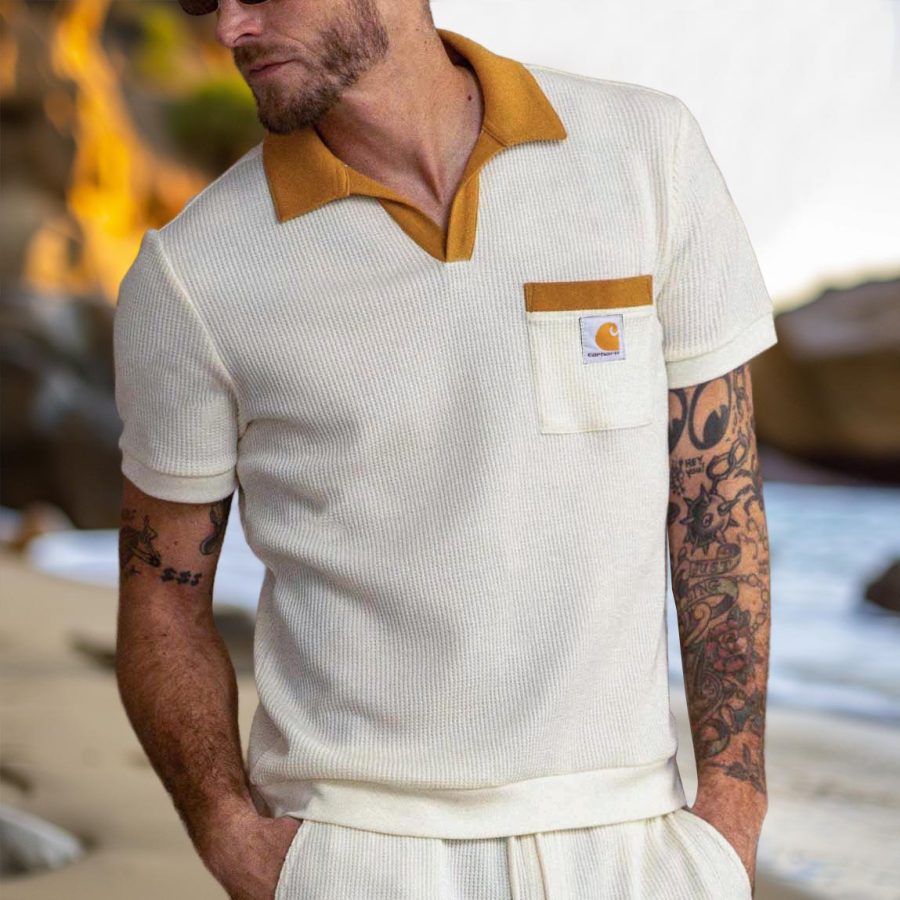 

Men's Vintage Waffle Pocket Color Block Casual Short Sleeve Polo T-Shirt