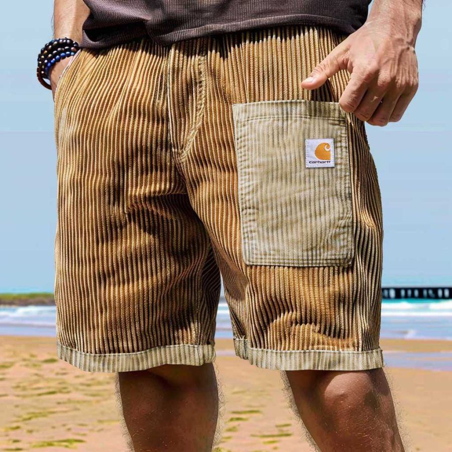 

Men's Vintage Corduroy Surf 90s Pocket Color Block Shorts Casual Walkshort