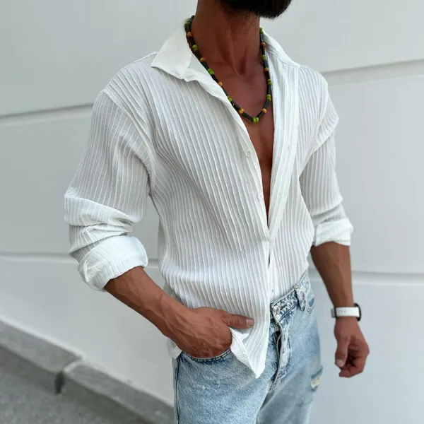 Men's Casual Pleated Embossed Shirt Long Sleeve Cardigan - Yiyistories.com 