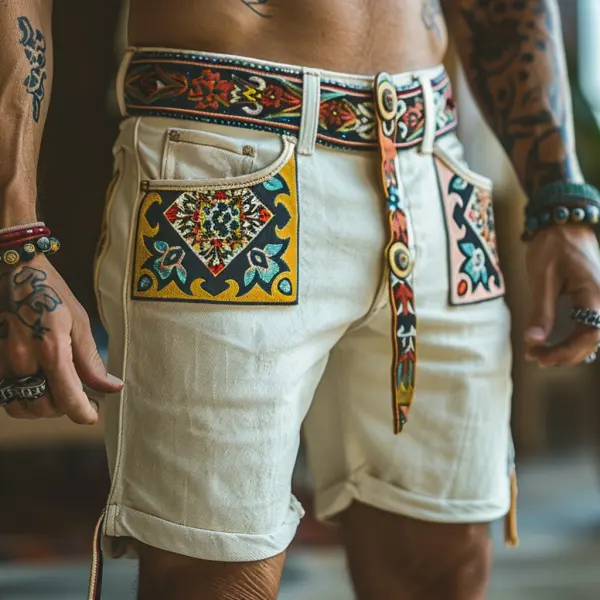 Retro Ethnic Casual Washed Cotton Stretch Shorts - Trisunshine.com 