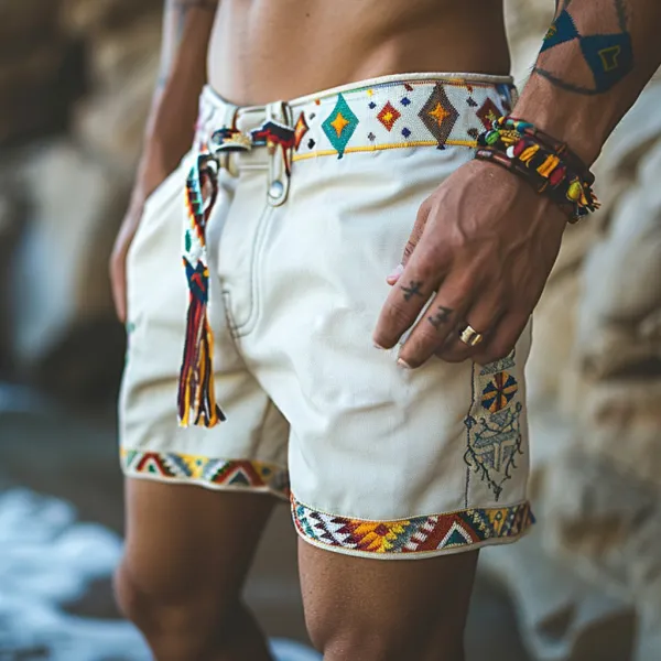 Retro Ethnic Casual Washed Cotton Stretch Shorts - Albionstyle.com 