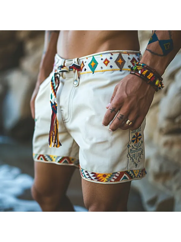 Retro Ethnic Casual Washed Cotton Stretch Shorts - Anrider.com 