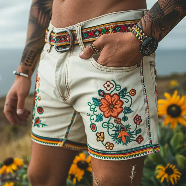 Retro Ethnic Casual Washed Cotton Stretch Shorts - Trisunshine.com 