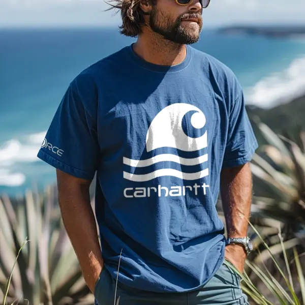 Men's Vintage Wave Surf Print Beach Daily Crew Neck Short Sleeve T-Shirt - Cotosen.com