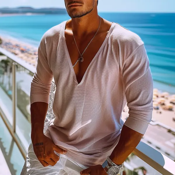 Men's Holiday Sun Protection Plain V-neck Causal Long Sleeve T-shirt - Menilyshop.com 