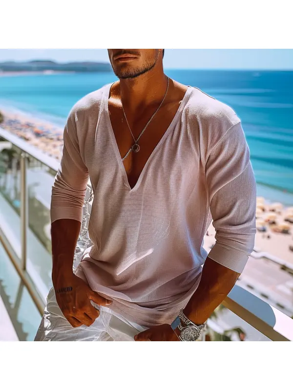 Men's Holiday Sun Protection Plain V-neck Causal Long Sleeve T-shirt - Ootdmw.com 