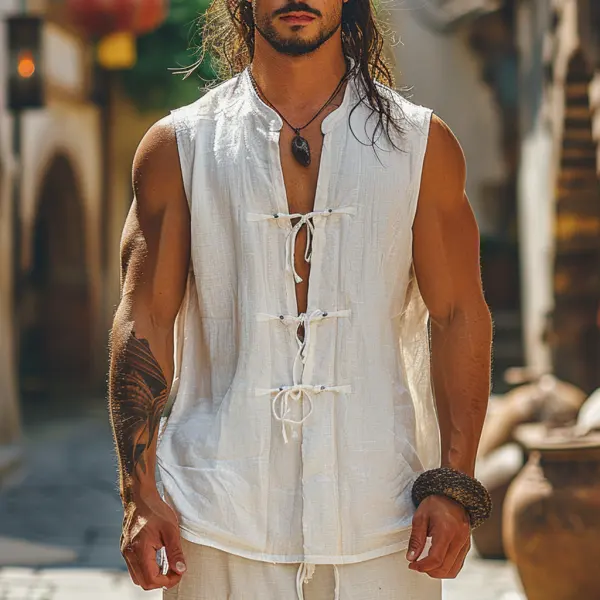 Retro Casual Linen Vest With Stand Collar Sleeveless T-shirt Chinese Style Sleeveless Cardigan - Dozenlive.com 