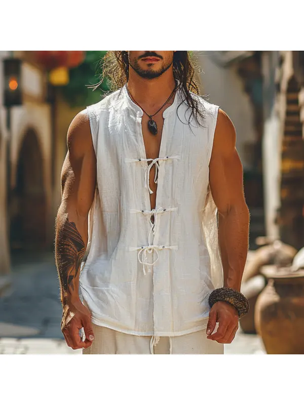 Retro Casual Linen Vest With Stand Collar Sleeveless T-shirt Chinese Style Sleeveless Cardigan - Timetomy.com 