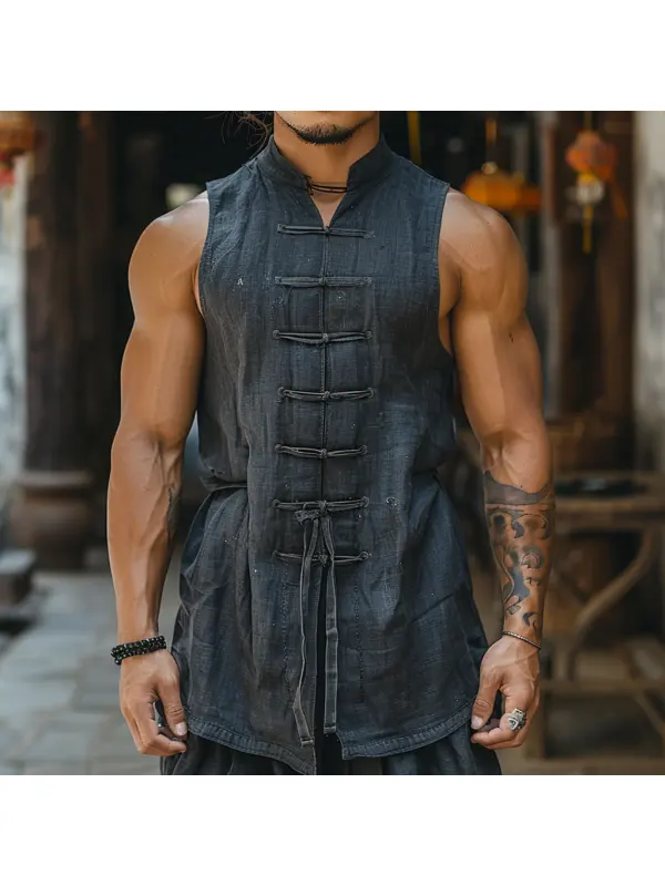 Retro Casual Linen Vest With Stand Collar Sleeveless T-shirt Chinese Style Sleeveless Shirt - Anrider.com 