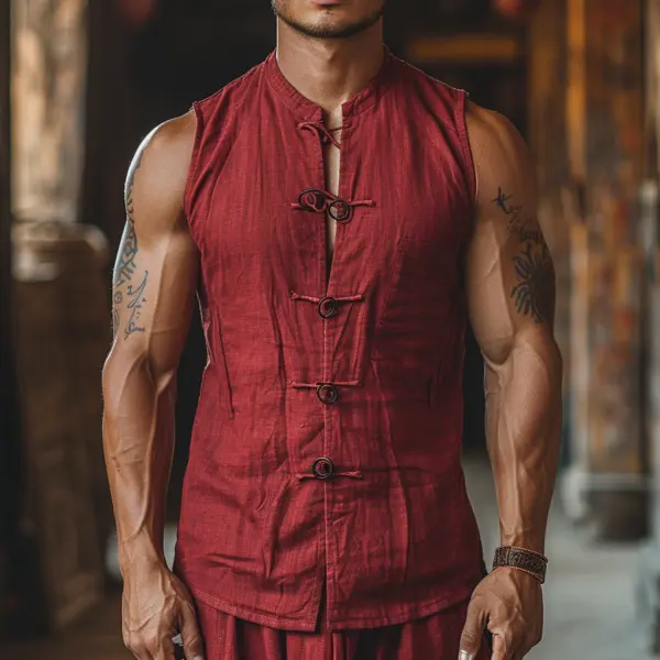 Retro Casual Linen Vest With Stand Collar Sleeveless T-shirt Chinese Style Sleeveless Cardigan - Cotosen.com
