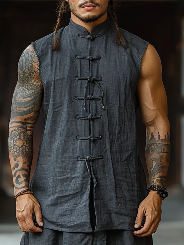 Retro Casual Linen Vest With Stand Collar Sleeveless T-shirt Chinese Style Sleeveless Cardigan - Sunshinetip.com 