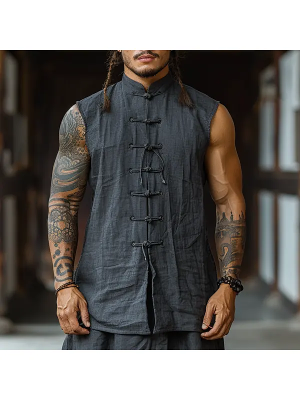 Retro Casual Linen Vest With Stand Collar Sleeveless T-shirt Chinese Style Sleeveless Cardigan - Ootdmw.com 