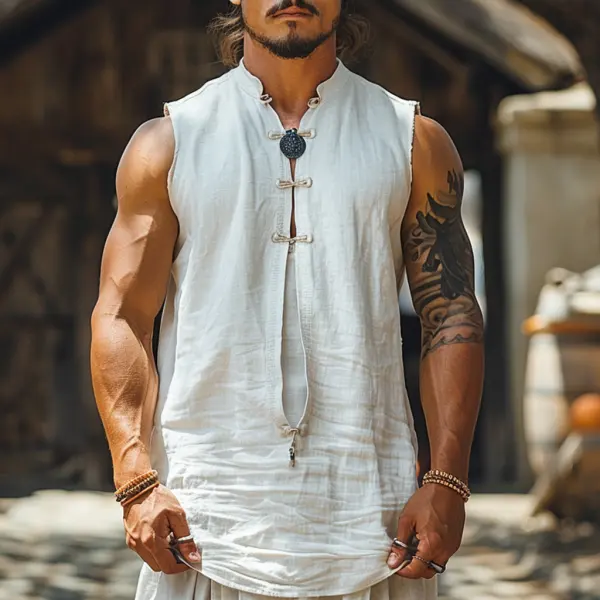 Retro Casual Linen Vest With Stand Collar Sleeveless T-shirt Chinese Style Sleeveless Shirt - Trisunshine.com 